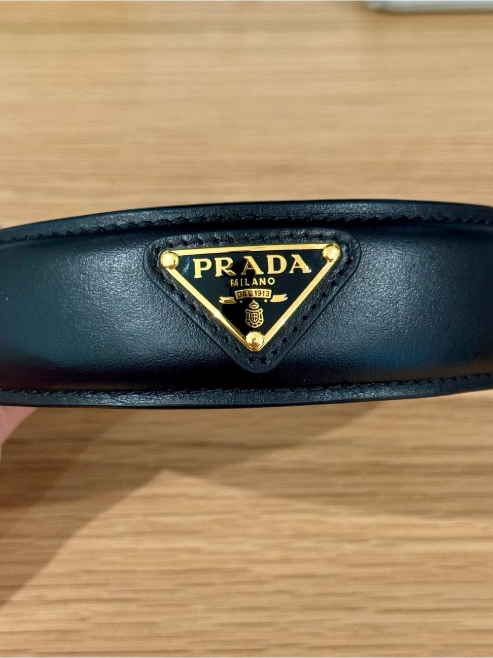Prada Black Leather Headband with Gold Triangle Logo - Picture 2 of 4